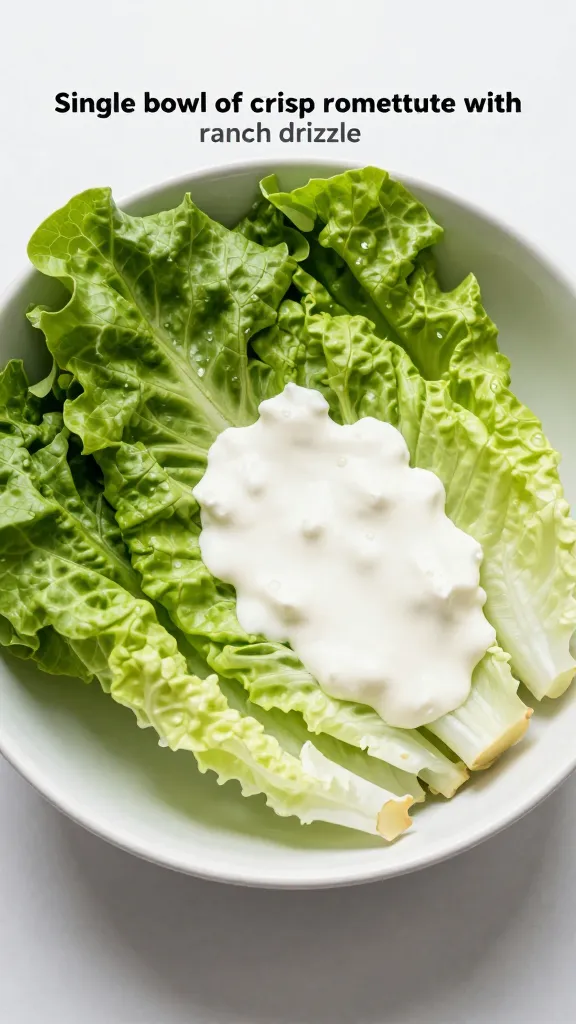 **"Single bowl of crisp romaine lettuce with ranch drizzle"**