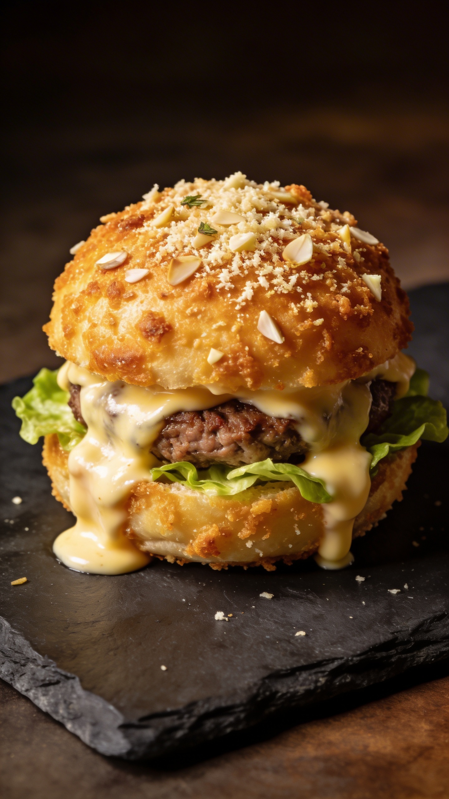 **Closeup of golden garlic parmesan cheeseburger bomb on slate**