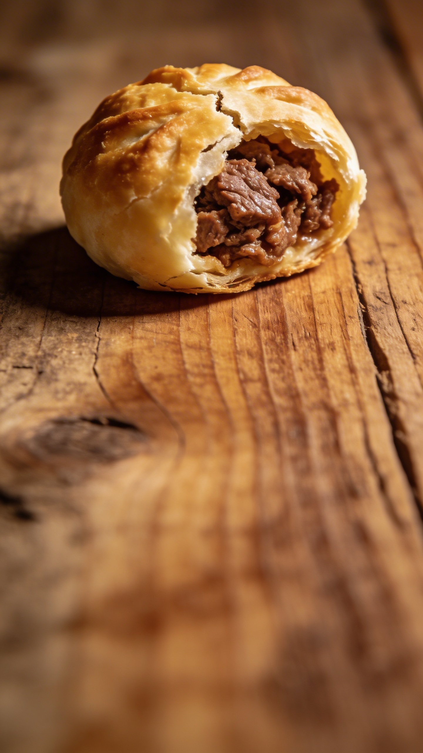 **Crispy dough ball with beef filling on rustic wood**