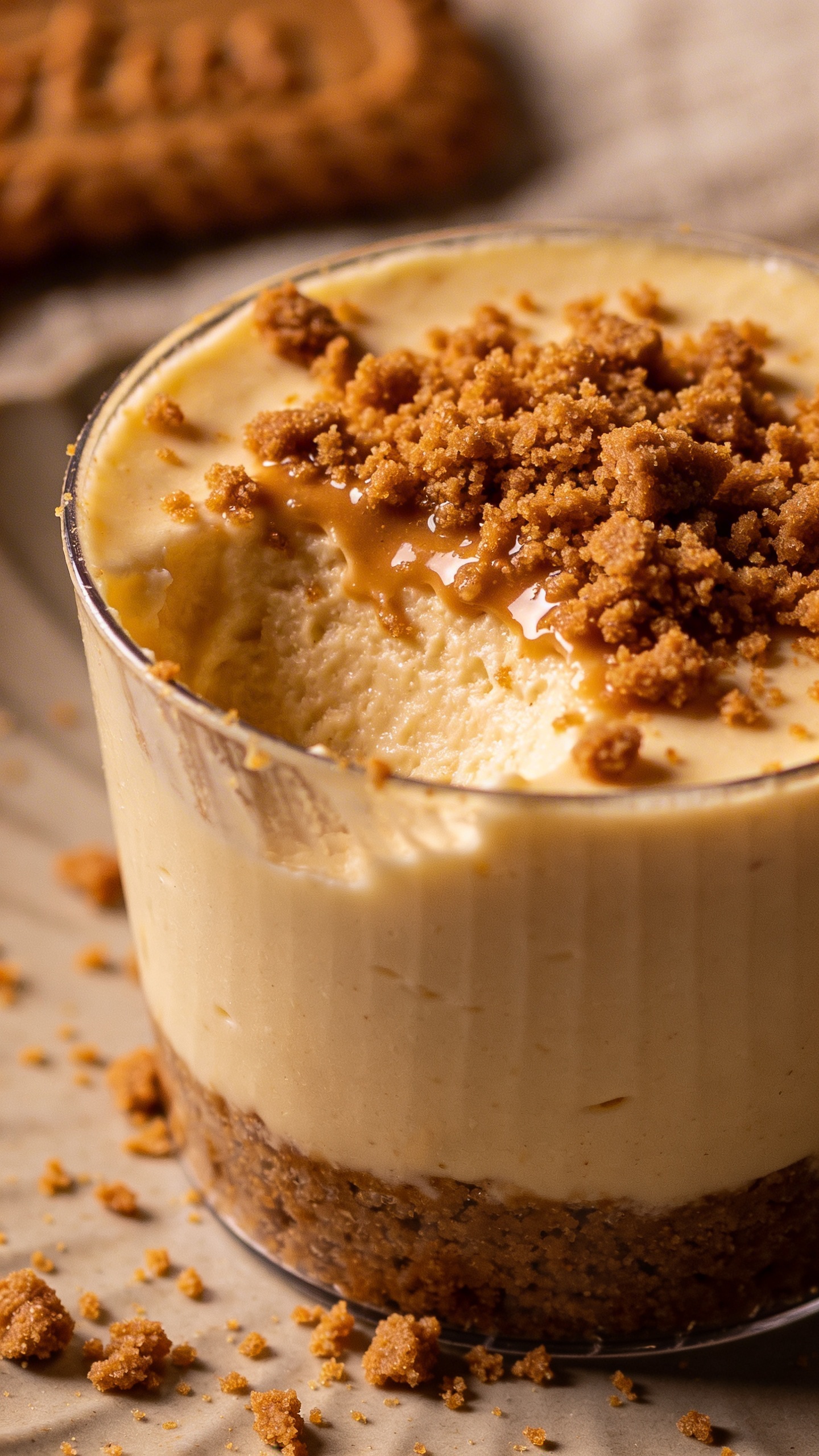 **Closeup of a Biscoff cheesecake cup with caramelized crumbs**